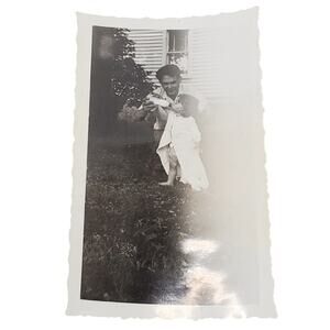 Vtg Monochrome Photography Dad Feeding Baby Girl Outside Found Snapshot